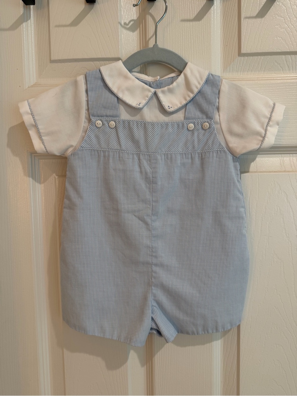 Petit Ami Blue/White Checked Overalls w/ Checked Piping & Embroidery on Collar